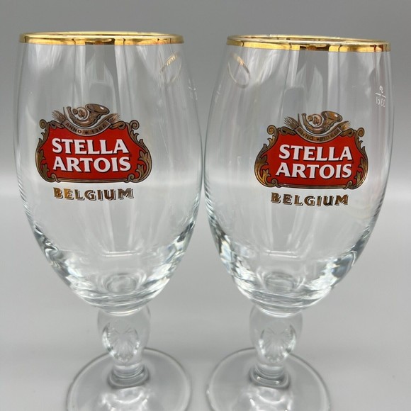 Stella Artois Chalice Beer Glasses Gold Rim 33cl  Set of 2 Barware Man Cave 1 - Picture 2 of 11